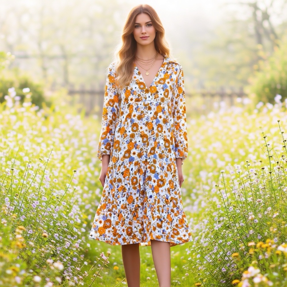 NWT DOKOTOO Floral Tiered Midi Dress Boho Cottagecore Spring 70’s Retro Romantic